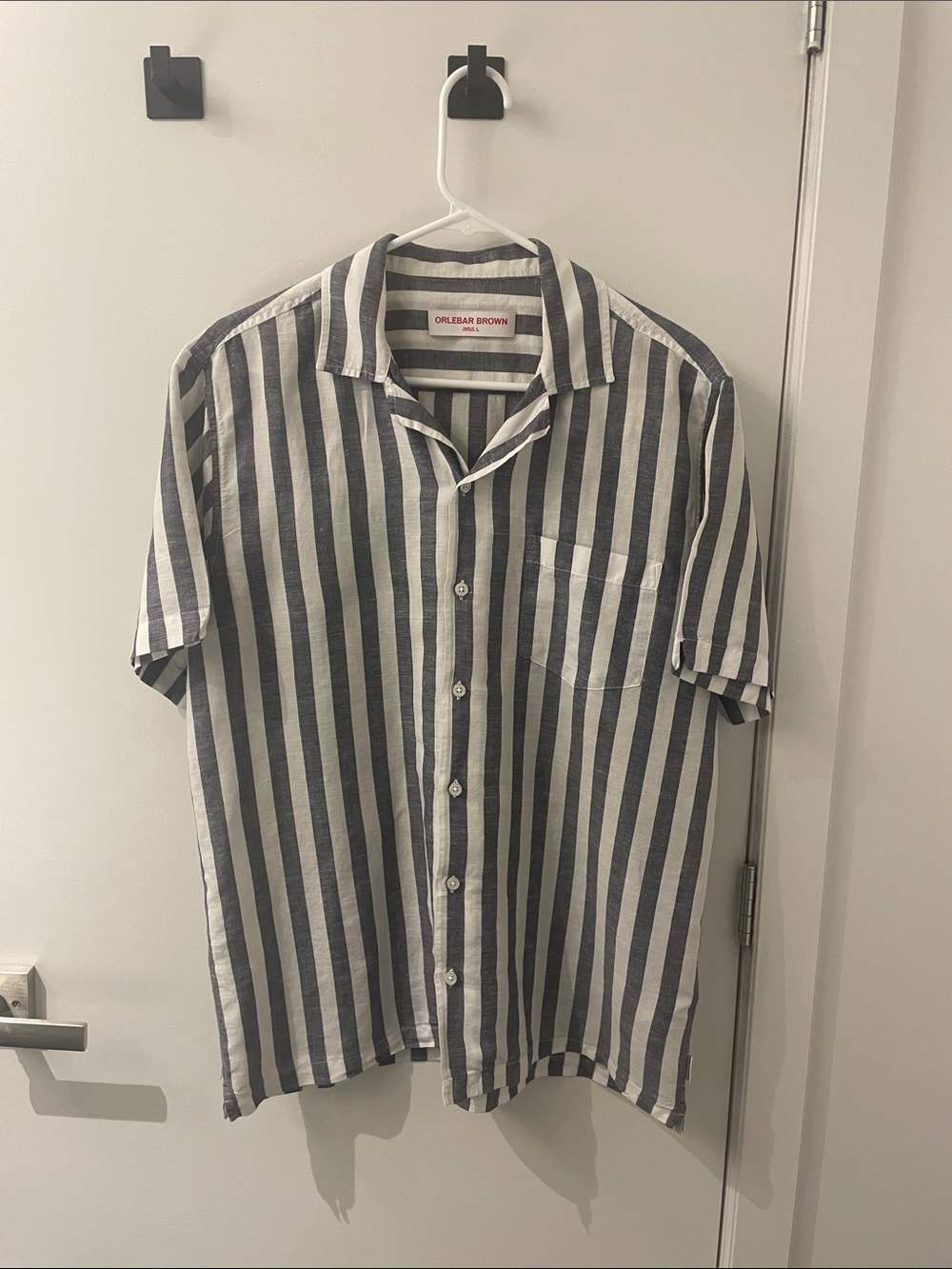 Orlebar Brown Navy and White Vertical Stripe Short Sleeve Button-Up